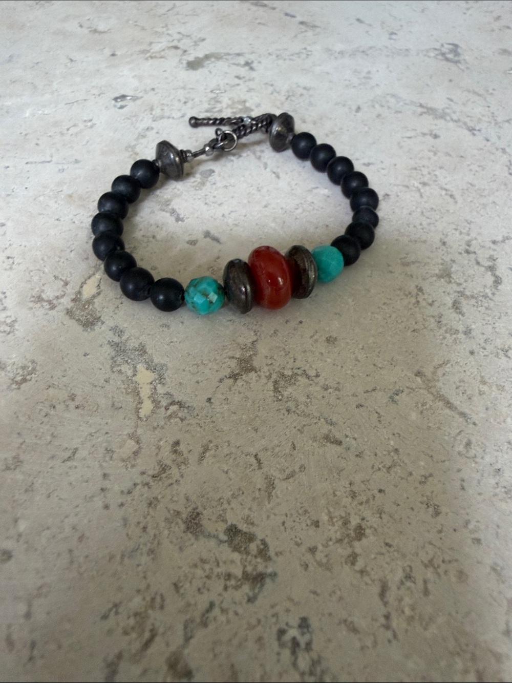 EUC Black Beaded Bracelet with Red Center and Turquoise Accents